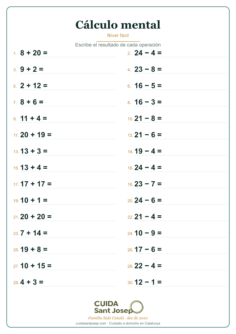Ficha de cálculo mental para personas mayores 2