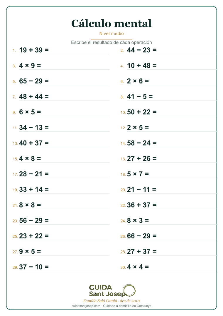 Ficha de cálculo mental para personas mayores 3