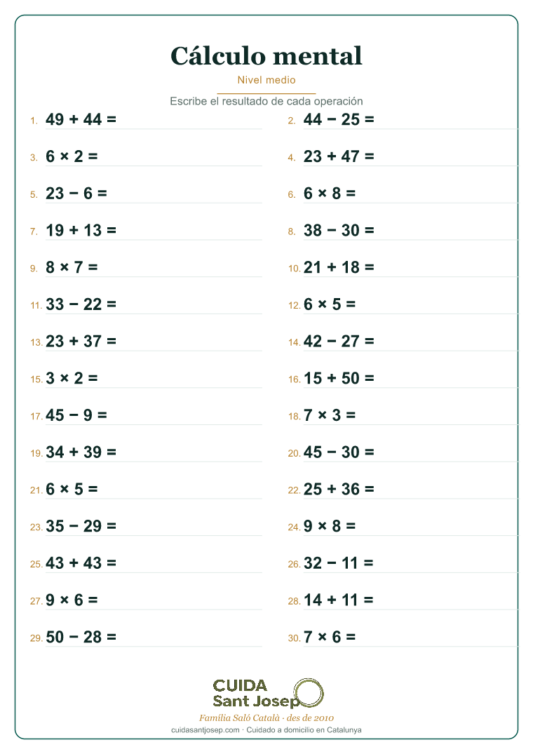 Ficha de cálculo mental para personas mayores 4