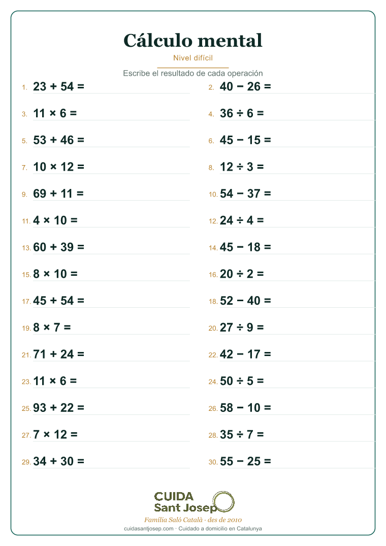 Ficha de cálculo mental para personas mayores 5