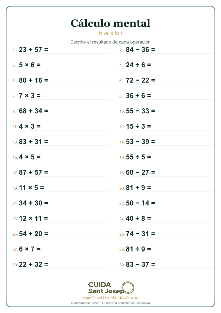 Ficha de cálculo mental para personas mayores 6