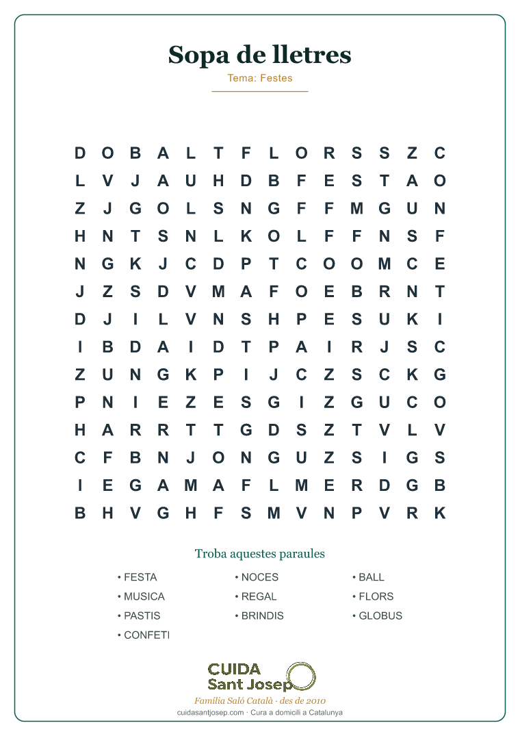 Sopa de lletres gent gran tema Festes PDF gratis