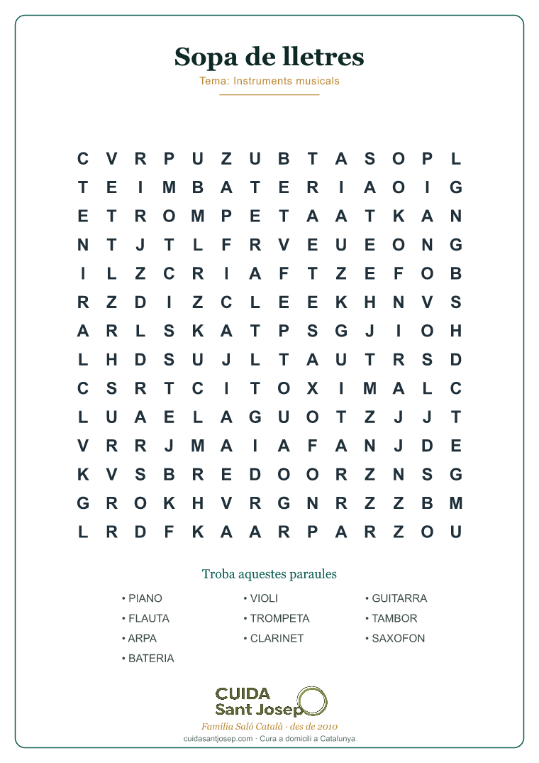 Sopa de lletres gent gran tema Instruments musicals PDF gratis