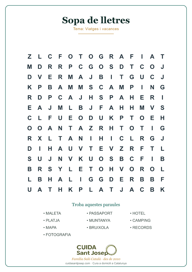 Sopa de lletres gent gran tema Viatges i vacances PDF gratis